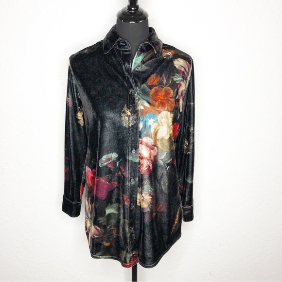 Soft Surroundings Tops - Soft Surroundings black red cream floral velvet velour button down top size PS
